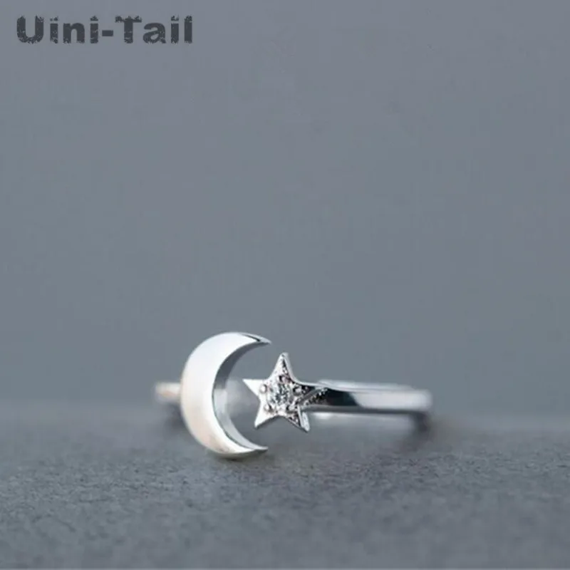 Hot New 925 Tibetan silver Korean Version Of The Simple Fashion Jewelry Star And Moon Micro-inlaid Female Opening Ring ED050