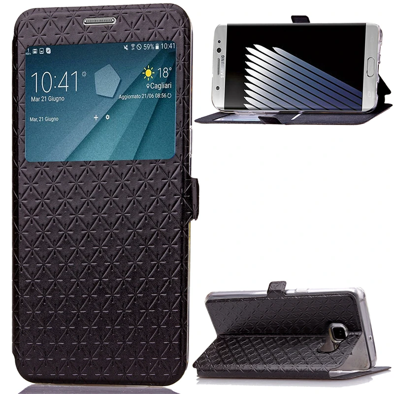 Slim Grid Texture PU Leather Cases Bling Glitter Window View Wallet Card Flip Case Stand Cover For Samsung Galaxy S7 Edge Note 7 |