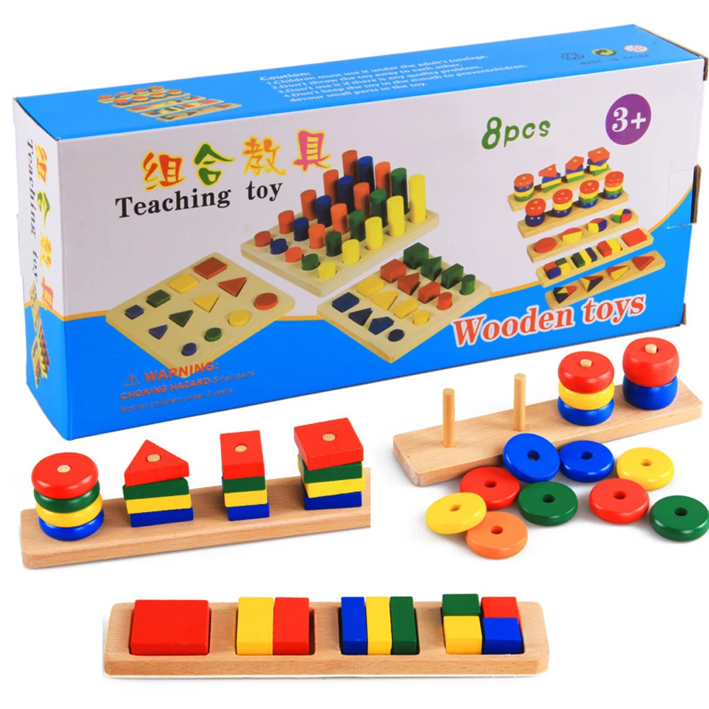

Montessori Toys Geometry Math Wooden Toys 8 In 1 Set Cylinder Educational Blocks Toys Kids Teaching Aids For Children Gifts