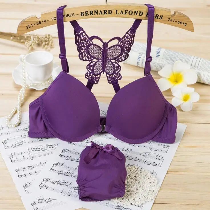 Women Sexy Bra Set With Underwire Front Closure Seamless AB Cup Cross Straps Butterfly Lace Summer Sujetador Para Mujer T1468
