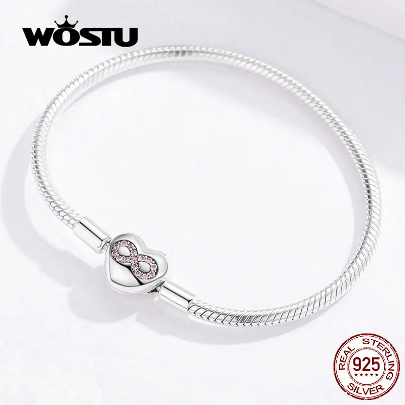 Женский браслет с сердечком WOSTU из 100% стерлингового серебра 925 пробы розовым