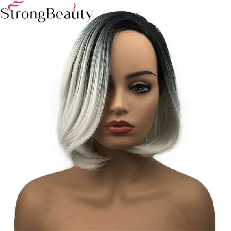 

StrongBeauty короткие парики прямой синтетический парик серебристо-серый с черным корнем термостойкий парик для волос