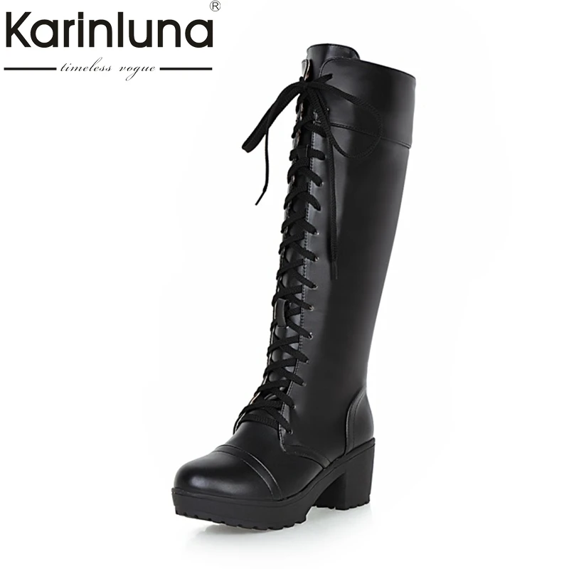 Женские сапоги до колена KARINLUNA черные на платформе и квадратном каблуке с мехом