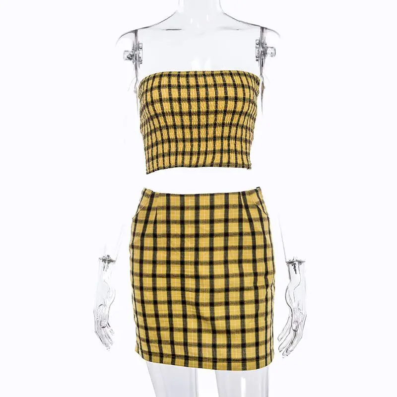 

2019 Summer Women 2 piece set women's summer Skirt And Sexy Tops fashion bust wrap two-piece set Suits Plaid Clothes A139