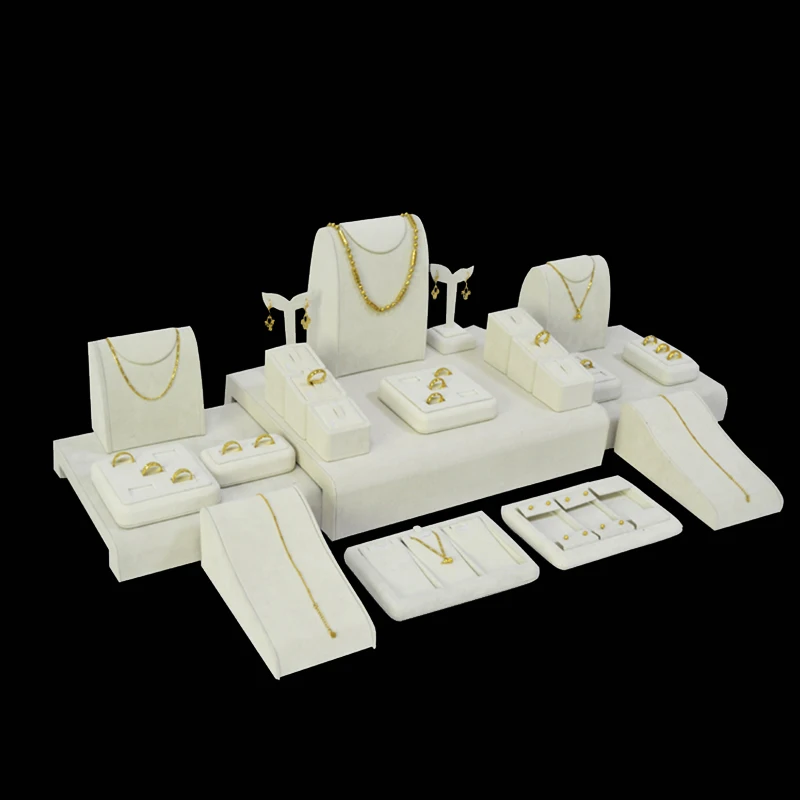 

23PCs Kit Beige Velvet Wood Jewelry Display Ring Holder Presentoires Stand for LED cabinet Displaying Show Case