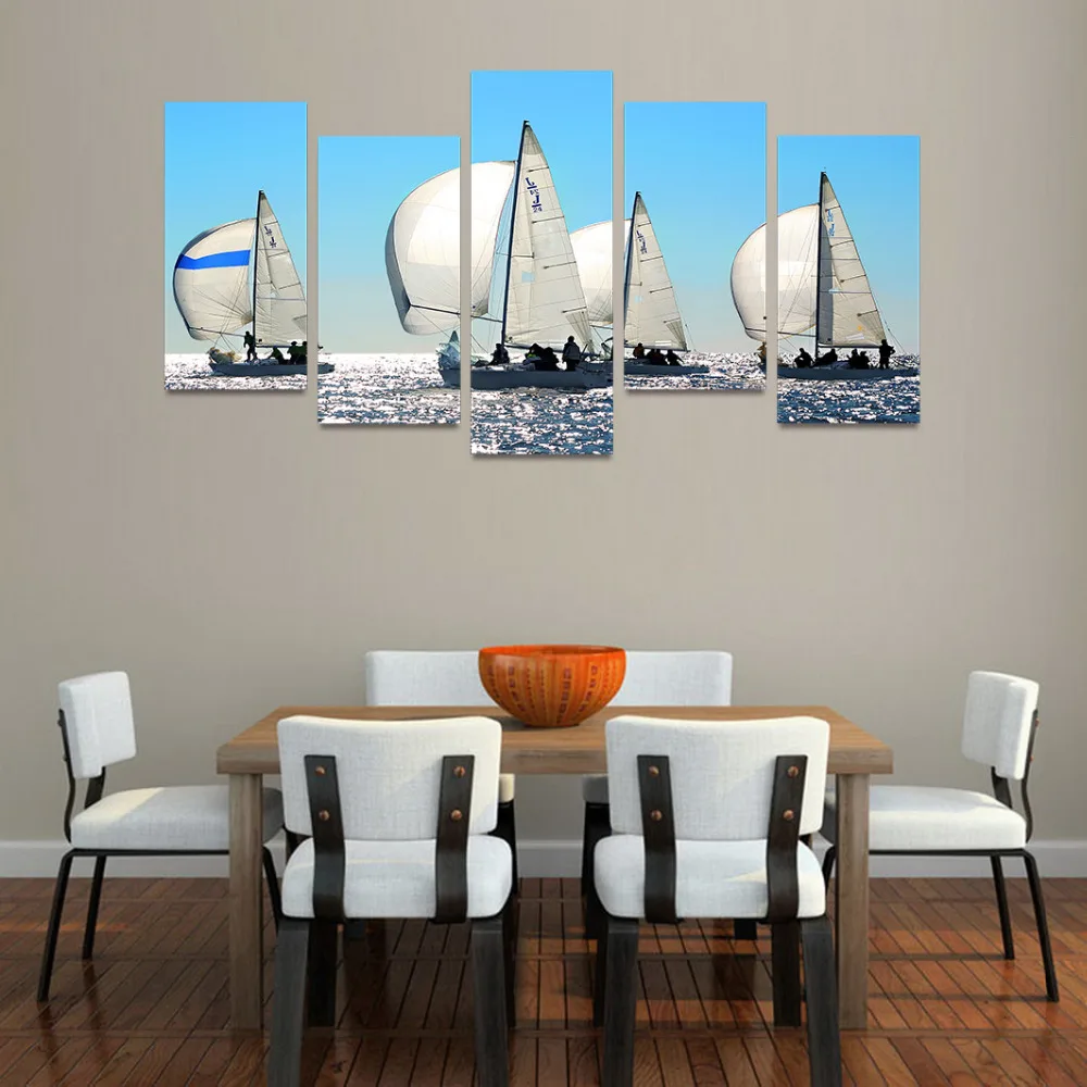 5 Panels Canvas Print White Sail boat on Ocean Painting Wall Art Picture Home Decoration SEA01417 |