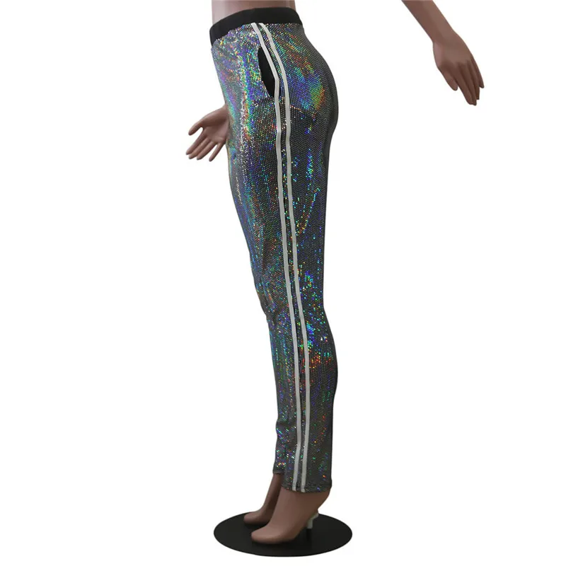 Sequin Pants Trousers Women Streetwear Fashion Casual Harajuku Slim Jogger Side Striped Sparkly High Waist Skinny | Женская одежда