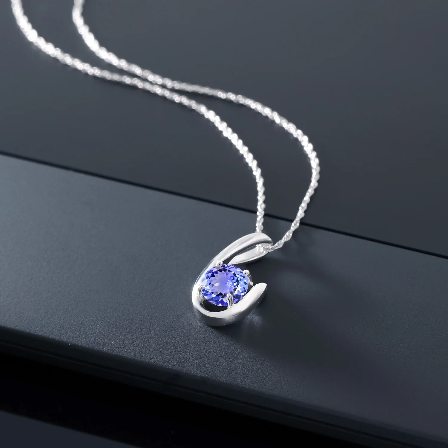 GemStoneKing 0 90 Ct Круглый натуральный голубой танзанит 10K белого золота Мать ожерелья
