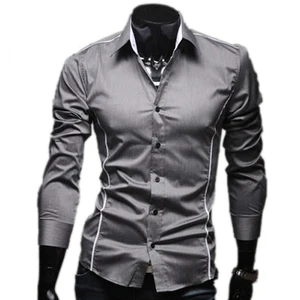 2015 новый бренд, хит, плюс 3XL Размер, модные однотонные мужские рубашки, повседневные приталенные рубашки с длинными рукавами, мужские рубашки