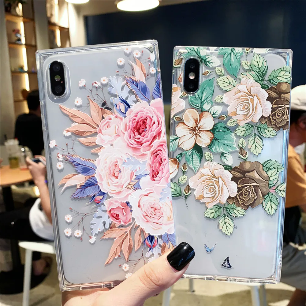Прозрачный квадратный тиснение Ретро цветок чехол для iPhone X XS MAX XR 8 7 6 S плюс Чехол