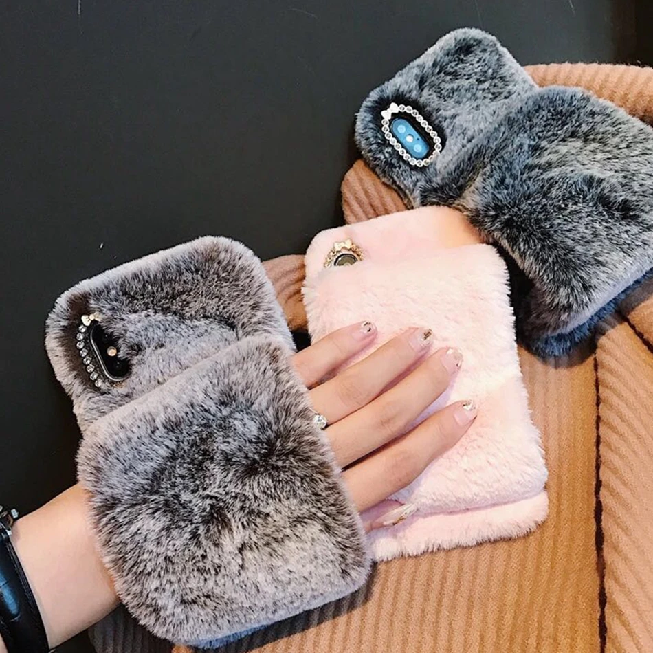 Чехол для iPhone 7 8 Plus 6 6S XS Max XR X 5 5S с мехом кролика на запястье Samsung Galaxy S10 Lite S8 S9 S7 S6 Edge