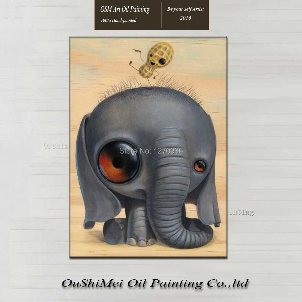 

Lovely Animal Elephant and Small Eye Peanut Happy Jumping Oil Painting Pure Hand-painted Cartoon Canvas Oil Painting for Decor