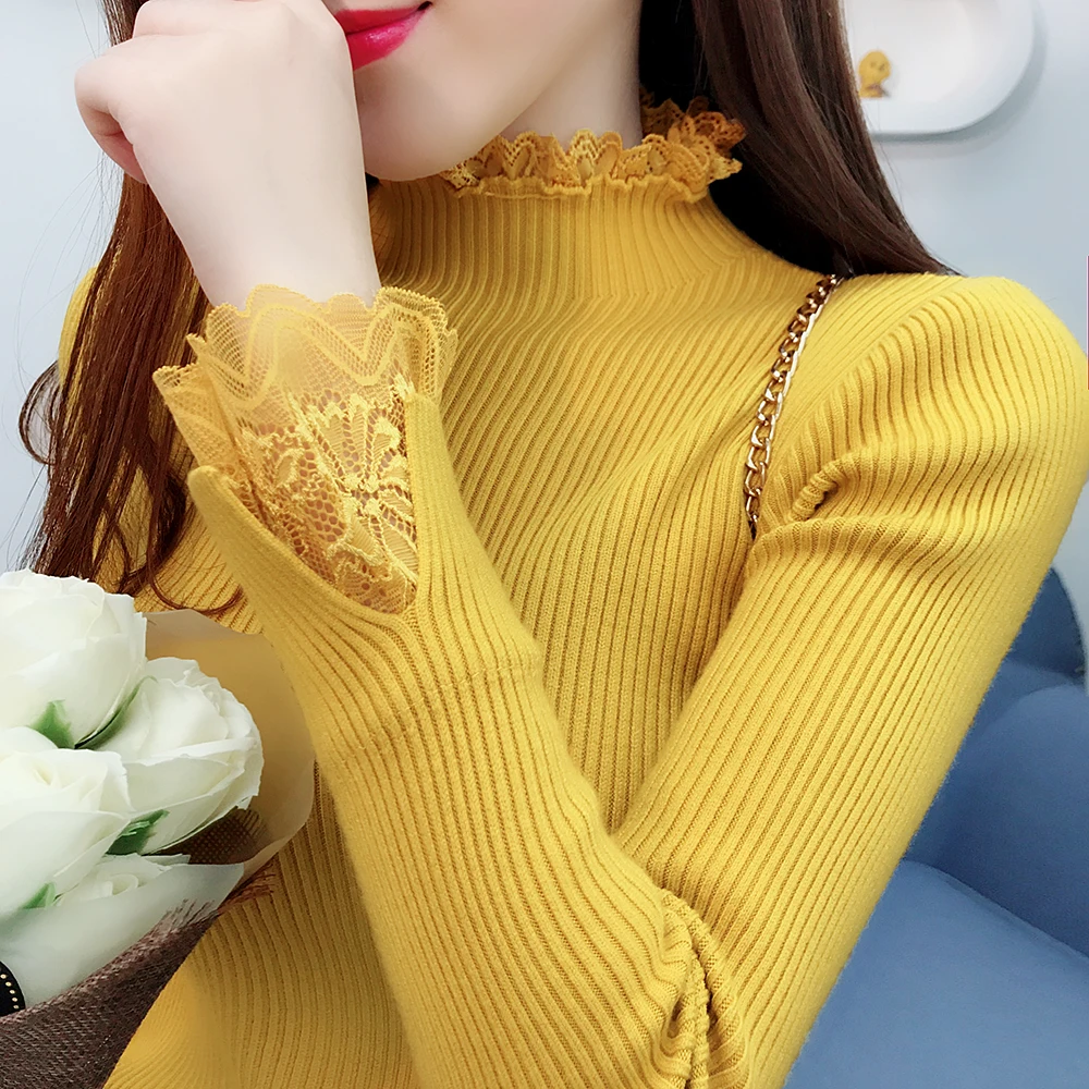 Женский трикотажный свитер однотонный Свободный пуловер с кружевами в Корейском