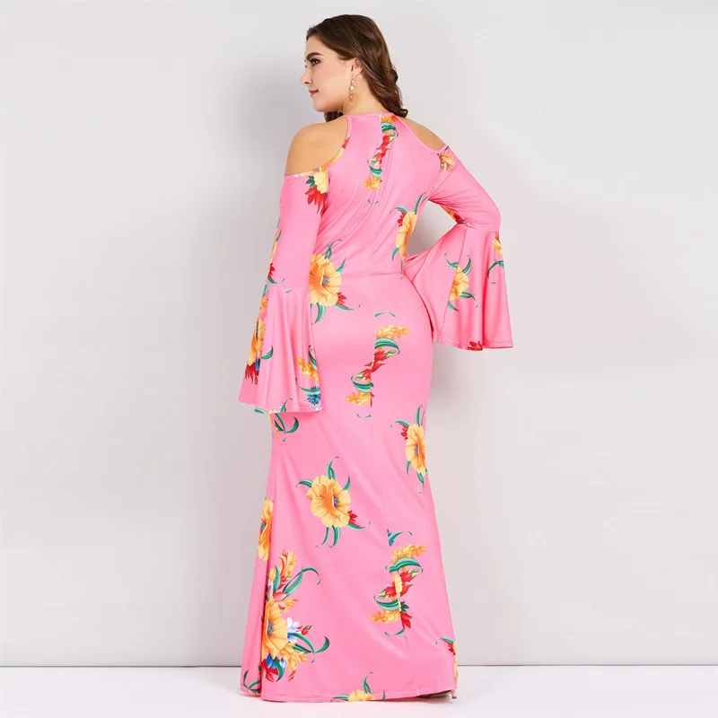 2019 Spring Sexy Women Plus Size Long Dress 3XL 4XL Halter Summer Casual Floral Big Off Shoulder Elastic Pink Maxi | Женская одежда