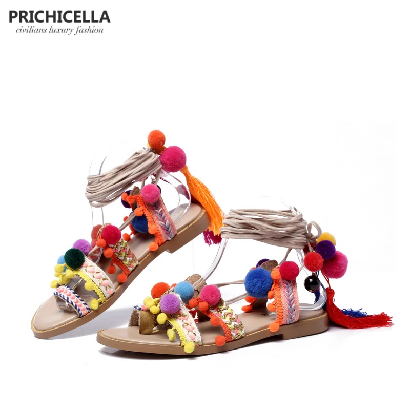 PRICHICELLA/Босоножки на шнуровке с помпонами; сандалии-гладиаторы из натуральной кожи на плоской подошве; женская летняя обувь с бахромой; size35-41
