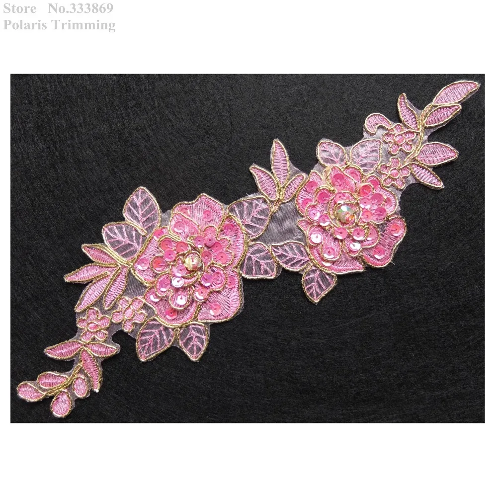 Free Shipping 2pcs/lot x New Pink Flower Embroidery Sequined Beaded Stoned Lace Applique Trim Patches Sewing DIY Crafts PBNC109C | Дом и сад