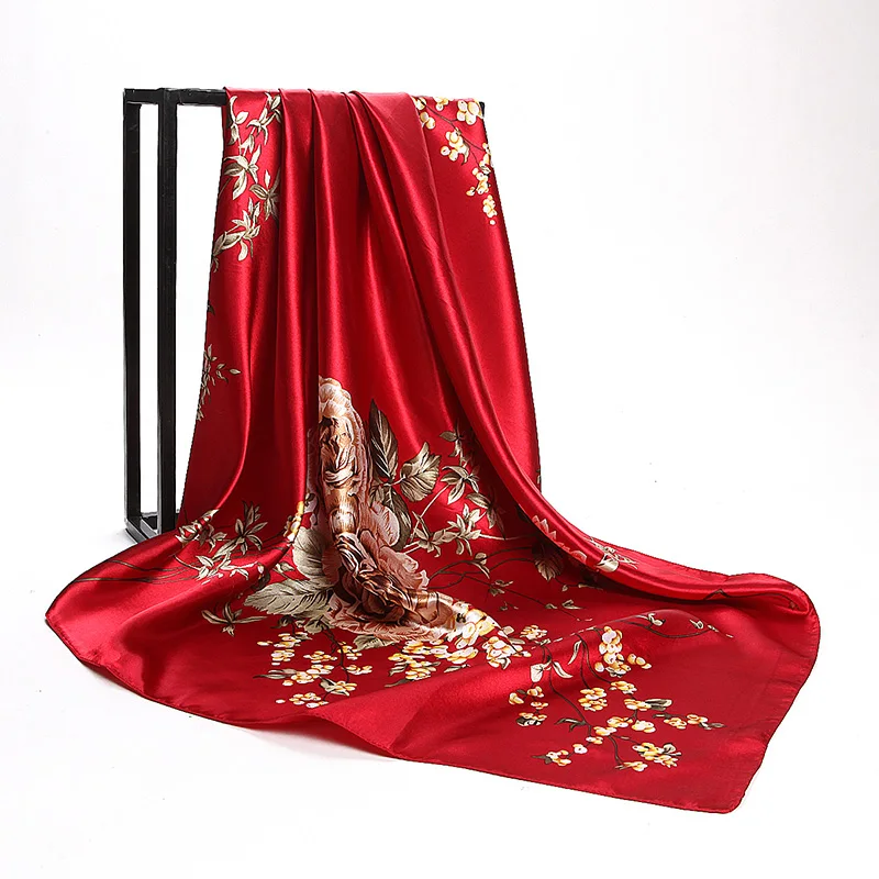 

Women Silk Square Scarf New Fashion Roses Flower Print Scarves Brand Beach Shawl Wraps Satin Head Hijab 90cm*90cm