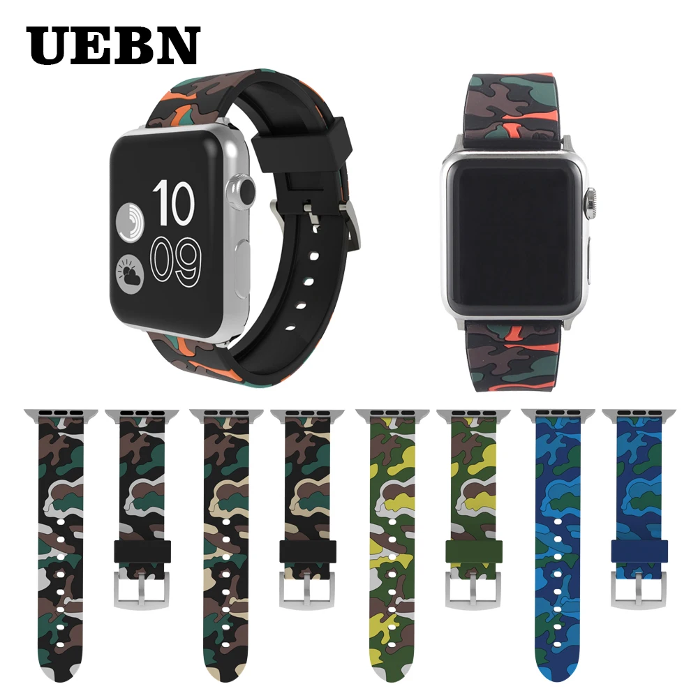 Камуфляжный силиконовый ремешок UEBN для apple watch 38 40 42 44 сменный Браслет Series