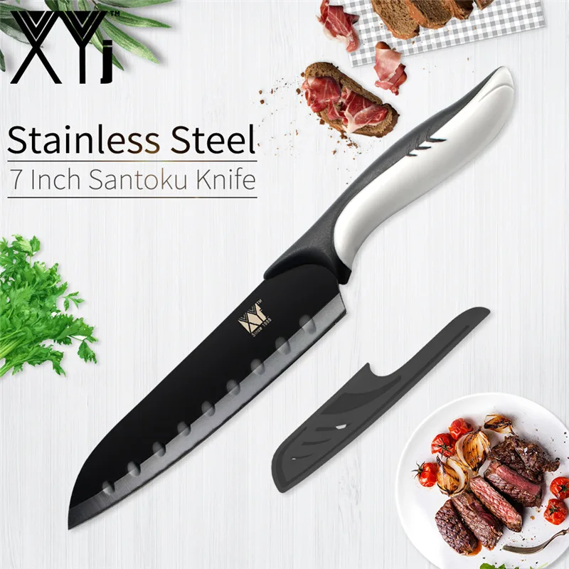7 inch Santoku Knife XYj кухонные ножи для варки, нержавеющая сталь набор ножей черное лезвие для очистки овощей утилита сантоку шеф-повара нарезки хлеба кухонные аксессуары инструменты - Цвет: 7 inch Santoku Knife