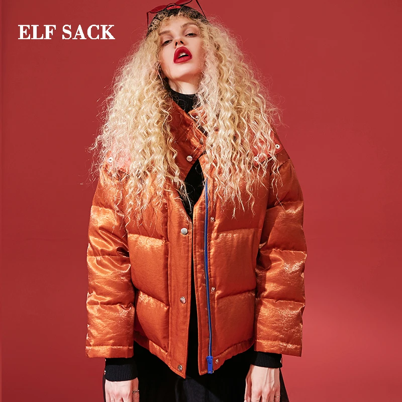 ELFSACK, новинка, зимний пуховик, женский, толстый, Повседневный, Femme, негабаритный, Женское пальто, однотонный, белый, утиный пух, куртки для женщин, уличная одежда