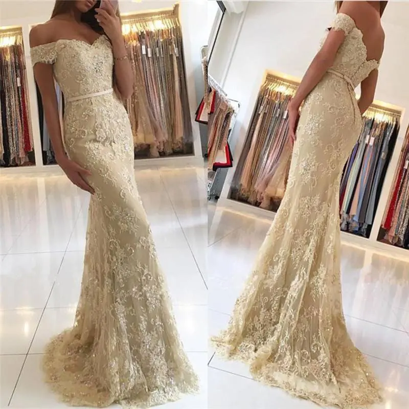 

Champagne Cheap 2021 New Mermaid Prom Dresses Beads Applique Off Shoulder Sweep Train Button Back Formal Evening Party Gowns
