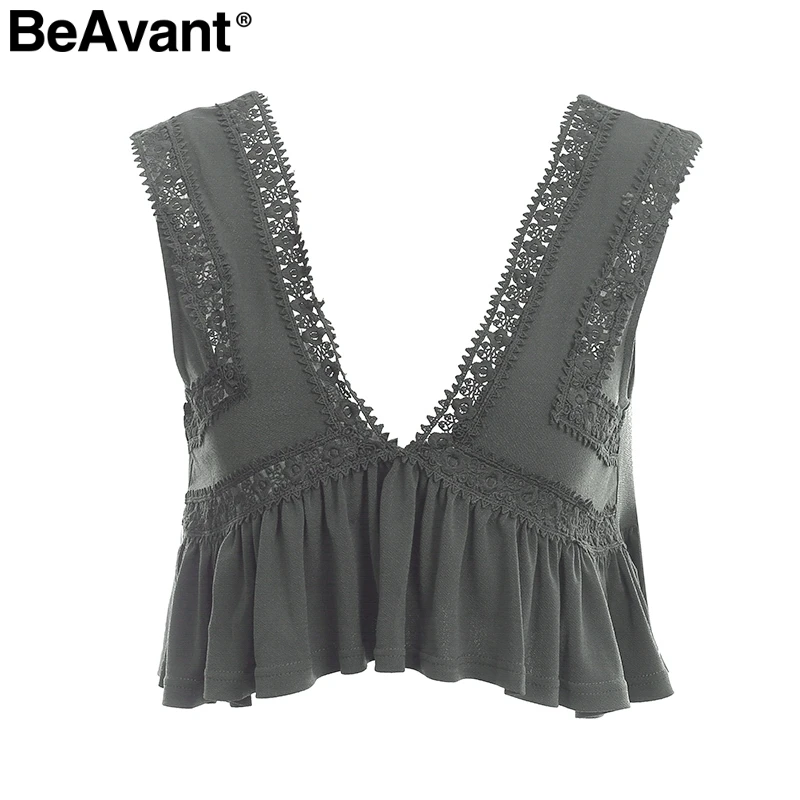 Армейский зеленый BeAvant Sexy v средства ухода за кожей шеи спинки майка для женщин рюшами Короткие кружево рубашка бретели Танк Лето пот уличная повседнев - Цвет: Армейский зеленый