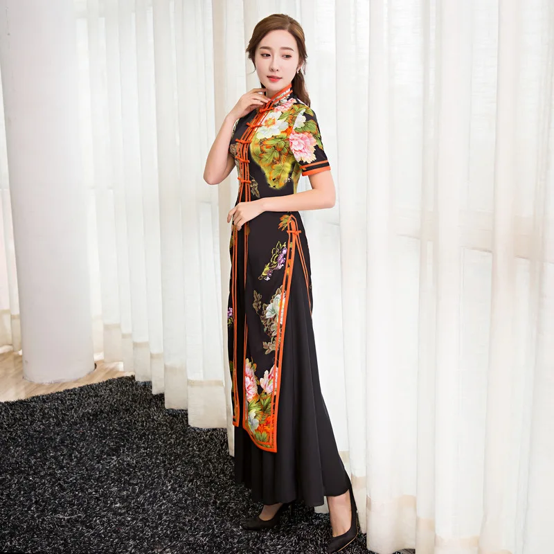 2017 Новый Черный AoDai Летнее Платье Китайский стиль Элегантный Qipao Стенд Ошейник С