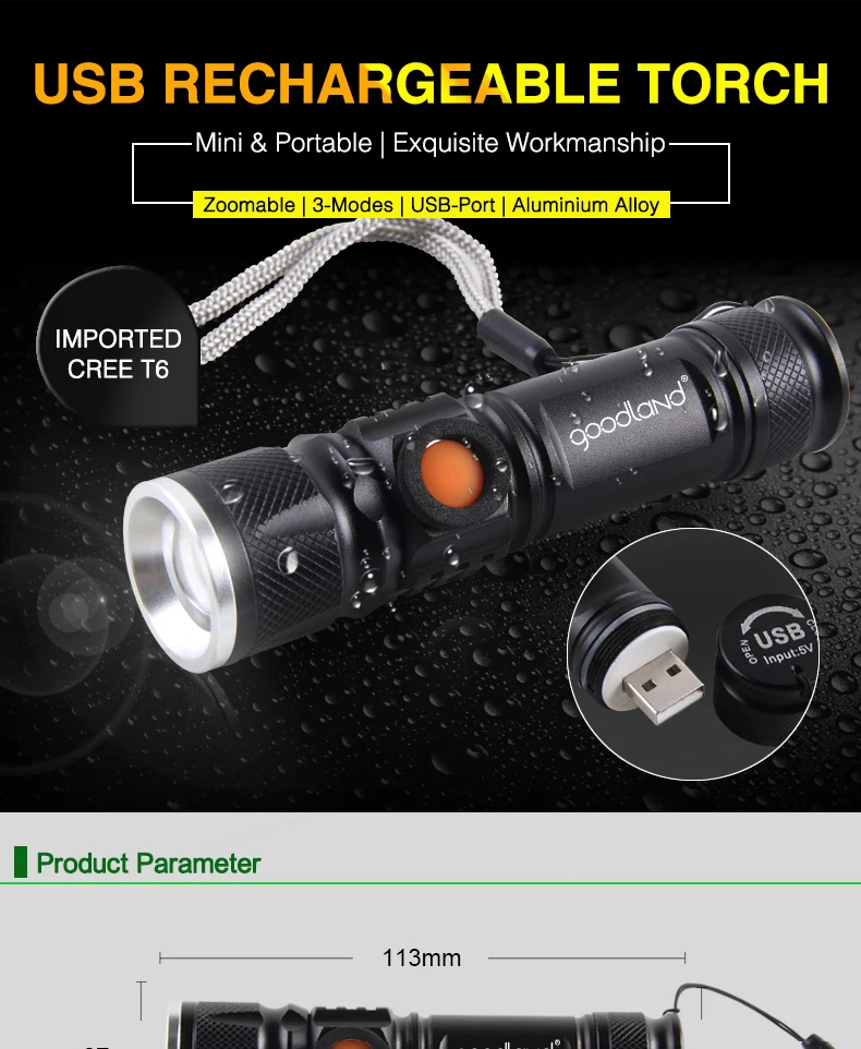 Goodland USB светодиодный фонарик T6 светодиодный фонарь Мини Удобный Перезаряжаемый 18650 Высокая мощность 3 режима масштабируемый для велосипеда кемпинга пешего туризма