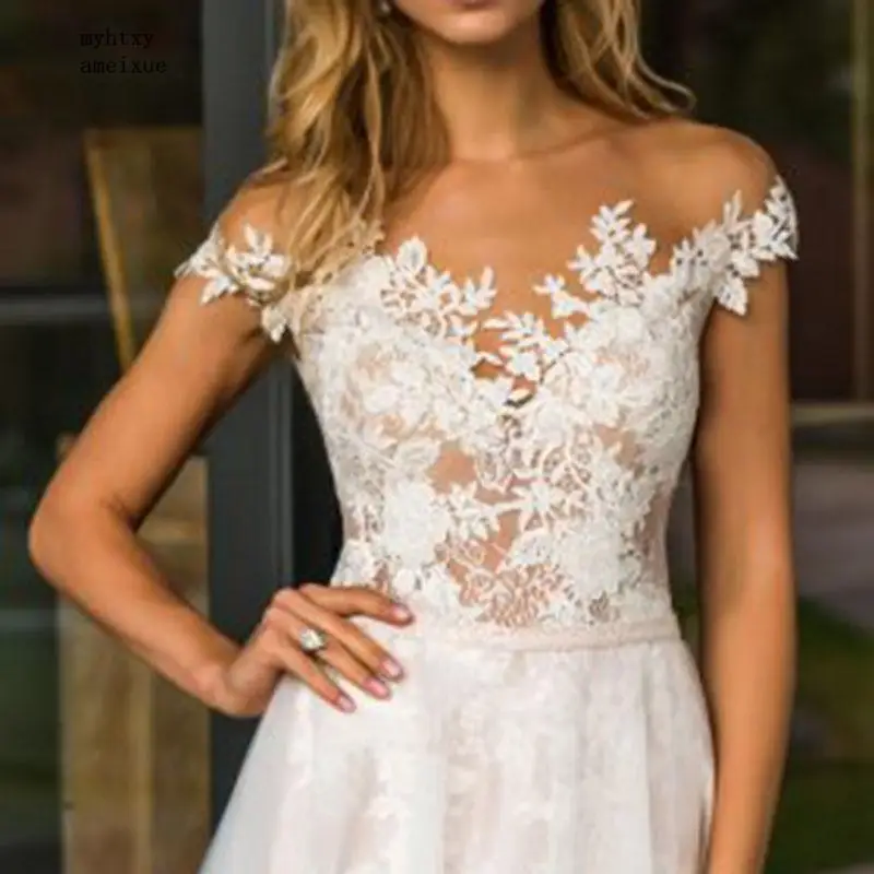 

Beach Cheap Wedding Dress Lace Scoop A-line Appliques Tulle Long Princess Vintage Bridal Dress 2020 Custom Made Wedding Gown