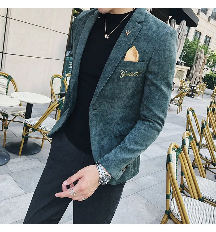 Мужской Блейзер, пиджак, золотая вышивка, Terno Masculino, корейский мужской блейзер, вельветовый Блейзер, Мужской приталенный, зеленый, хаки, серый