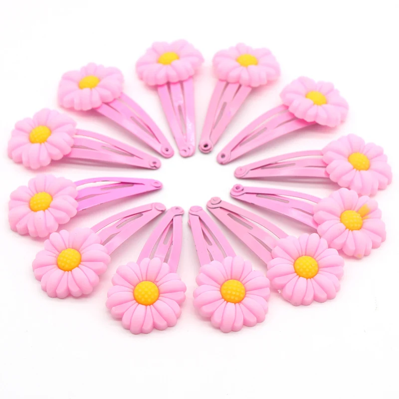 Pink hair clips 12 шт./лот, красивые заколки для волос с цветами, мягкие детские заколки для девочек из ПВХ, аксессуары для волос, желтый, розовый, красный цвет, заколки для детей - Цвет: Pink hair clips