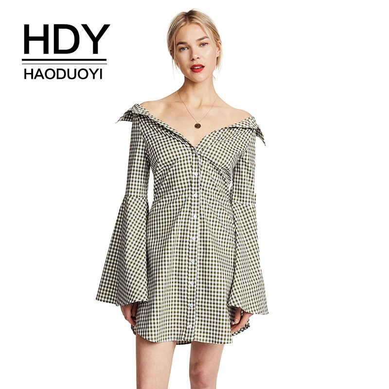 Женское мини платье HDY Haoduoyi однобортное рубашка с отложным воротником и длинным