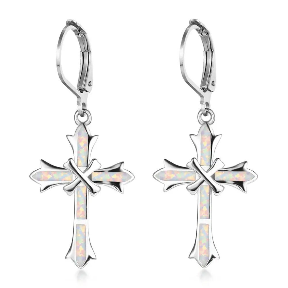 23MM Statement Charm 925 Sterling Silver Clip Earrings Luxury White/Blue Fire Opal Cross Earrings For Women Jewelry Gifts - Окраска металла: White
