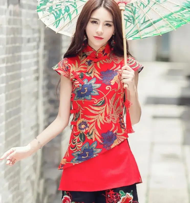 2 Шанхай Тан одежда женский китайский Cheongsam топы для женщин Лето ретро винтажная рубашка цветочные Женские китайские Топы TA1464 - Цвет: 2