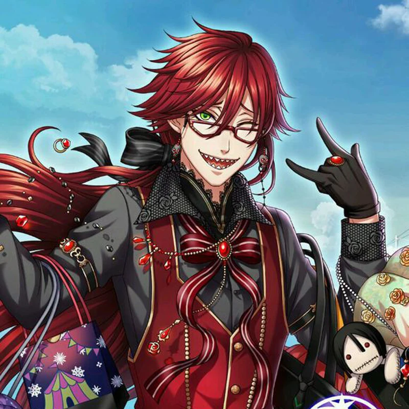 Kuroshitsuji Black Butler Grell Sutcliff Red Long Straight Heat Resistant Hair Cosplay Costume Wig Without Skull Chain Glasses