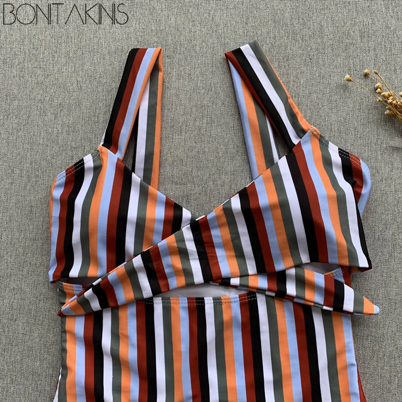 Bonitakinis 2019 Полосатый Цельный бандажный купальник сексуальный женский боди летние