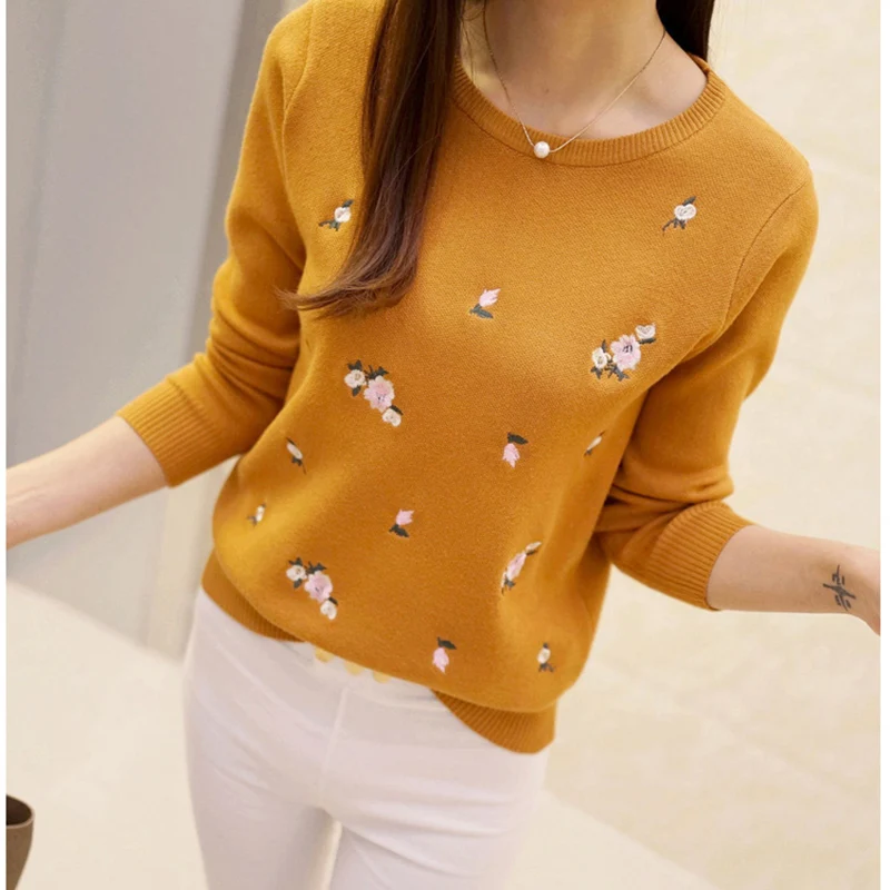 2021 Newest Style Womens Pullovers Beautiful Flowers Embroidery Long Sleeve Casual Women Cotton Sweater Solid Color Female Tops | Женская