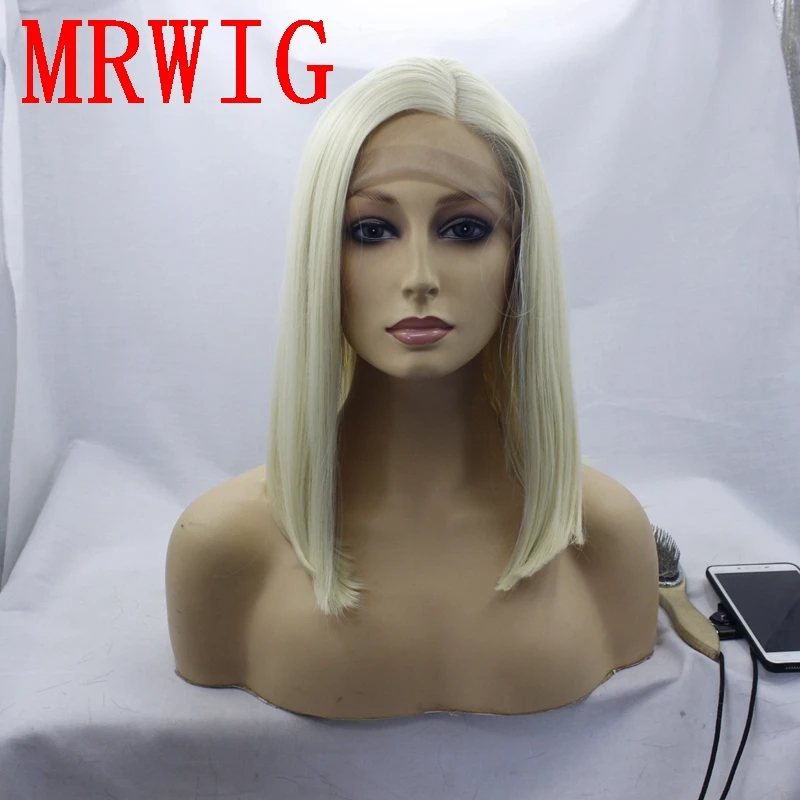 Короткий синтетический фронтальный парик MRWIG 12 дюймов цвет блонд жаростойкое