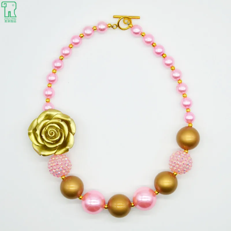 5PCS Girls Gold Resin Flower Necklace New Fashion Pink Bubblegum Pearl Choker Child Costume Jewelry Gold Resin Flower Necklace