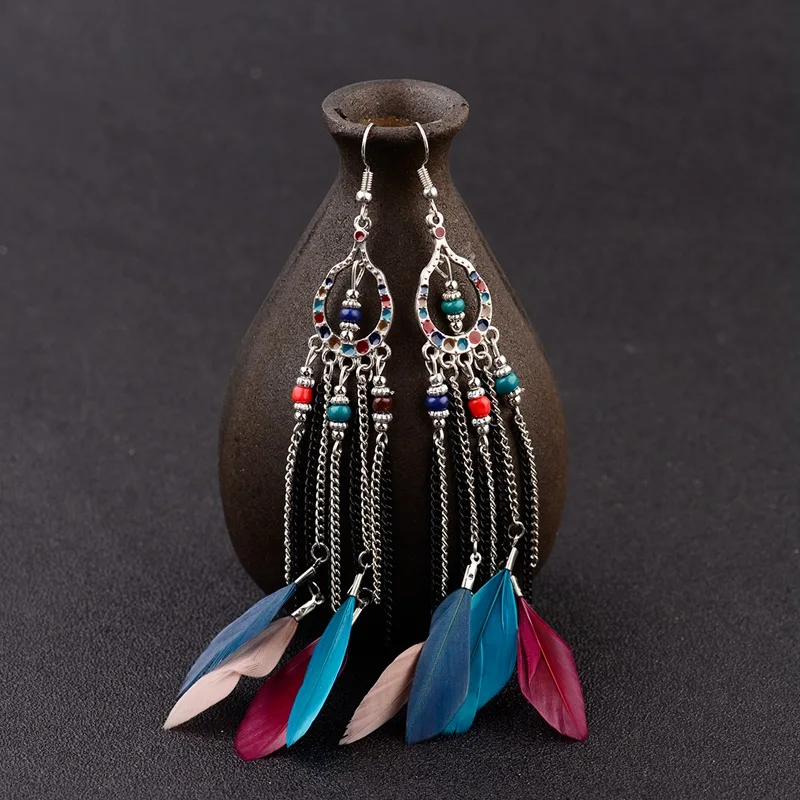 Этнические синие длинные серьги с перьями для Для женщин Gypsy Jhumka Jhumki Цепи