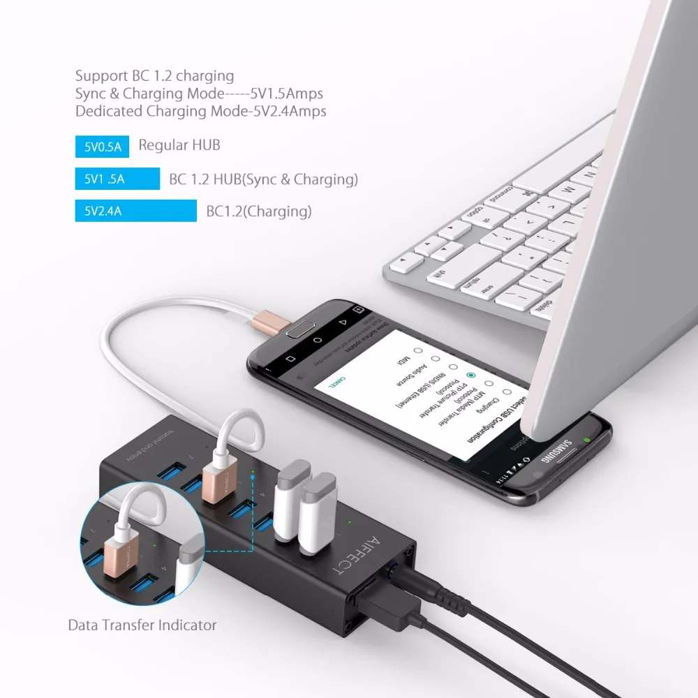 AIFFECT 7 портов Алюминиевый USB 3 0 концентратор BC1.2 быстрое зарядное устройство с 12V 2A