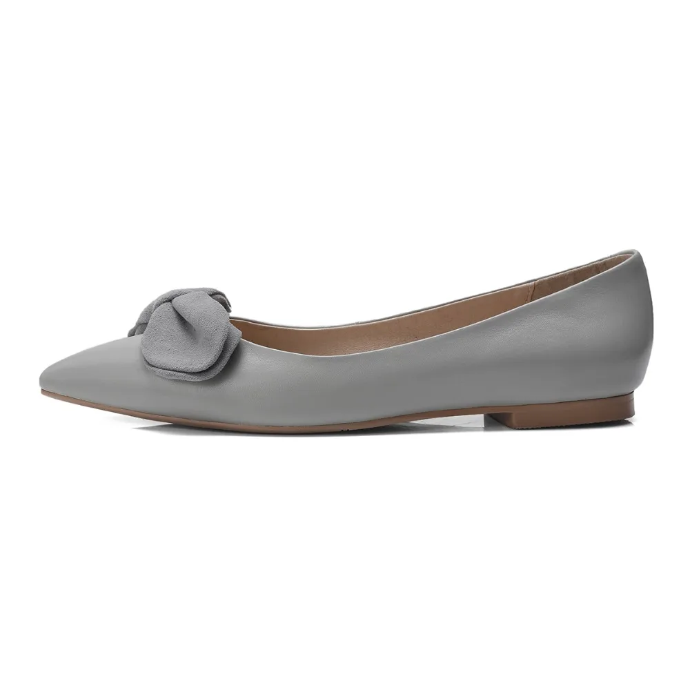 

Olomm Women Leather Butterfly Knot Flats Sexy Pointed Toe Comfort Square Low Heel Nude Grey Party Shoes Women US Size 4-8.5