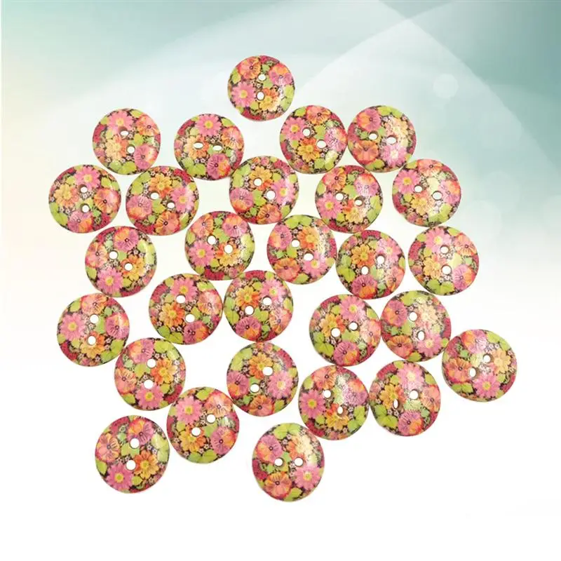 2 Holes 15MM 100PC Wooden Buttons Environmental Single Painted DIY Cartoon Flower Pattern Log Snaps Press Studs | Дом и сад