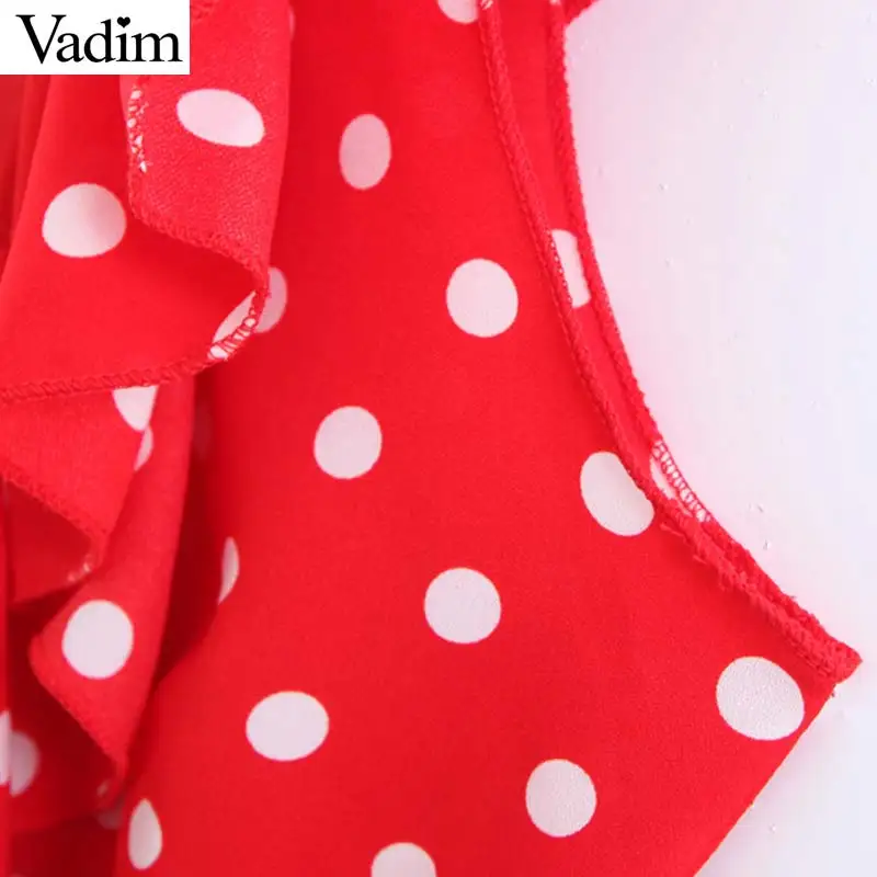 Вадим Женщины Симпатичные dot печати ruffled wrap dress Пояса V шеи крест дизайн женские