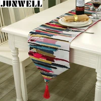 junwell fashion modern table runner colorful nylon jacquard runner table cloth with tassels cutwork embroidered table runner