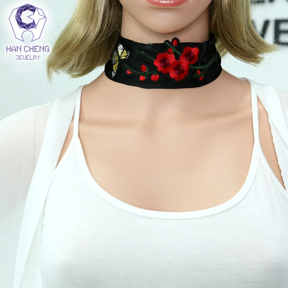 HanCheng New Fashion Flowers Butterfly Silk Ribbon Choker Necklace Women Embroidery Necklaces Tattoo Statement collar jewelry | Украшения и