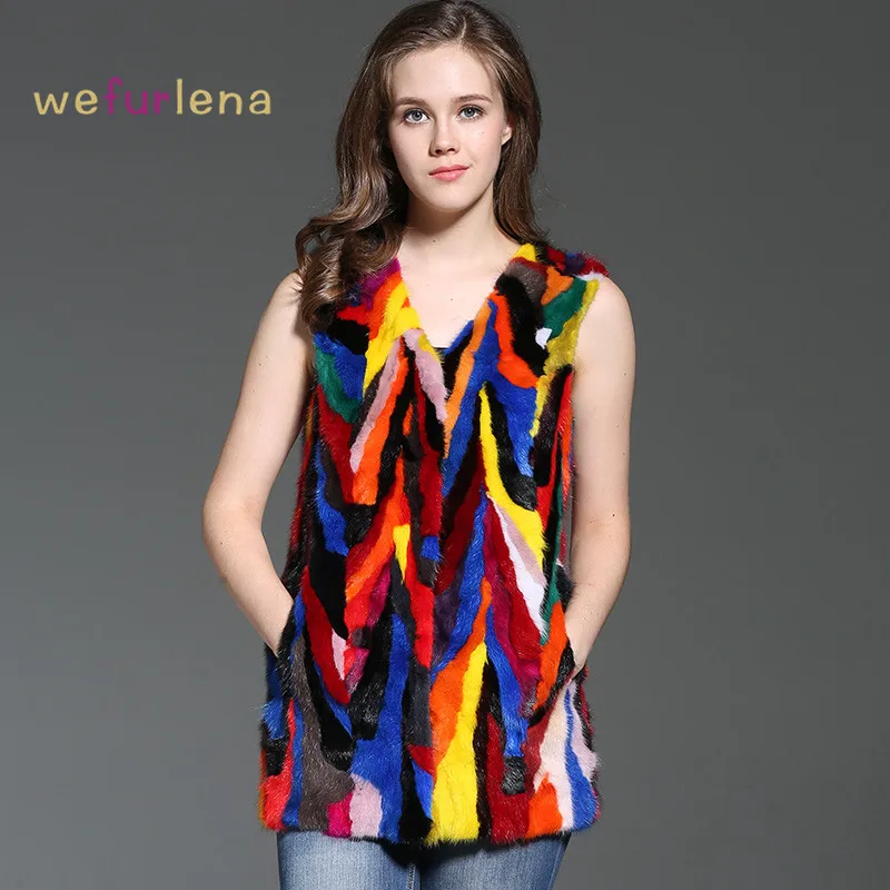 Женский жилет из натурального меха Welfurlena зимний яркий средней длины с