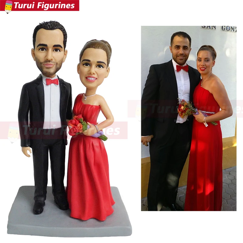 

woman in red dress customized bobblehead figurines miniatures custom action figures couple figurine with custom-made clothing