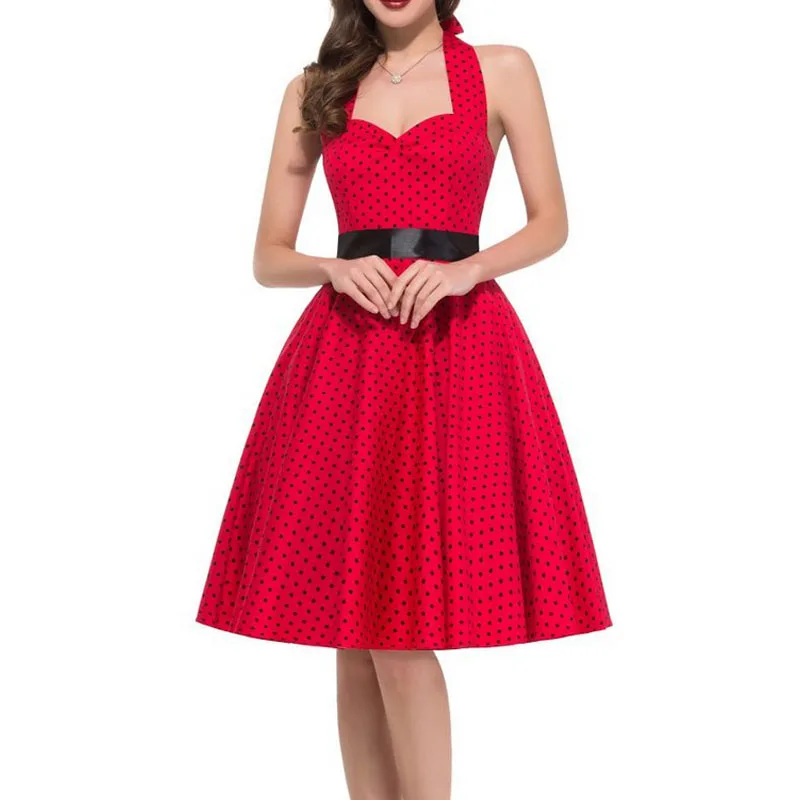 Sexy Холтер Вечерние Платье Лето ретро в горошек Винтаж 50s 60 Pin Up рокабилли платья Элегантное платье миди