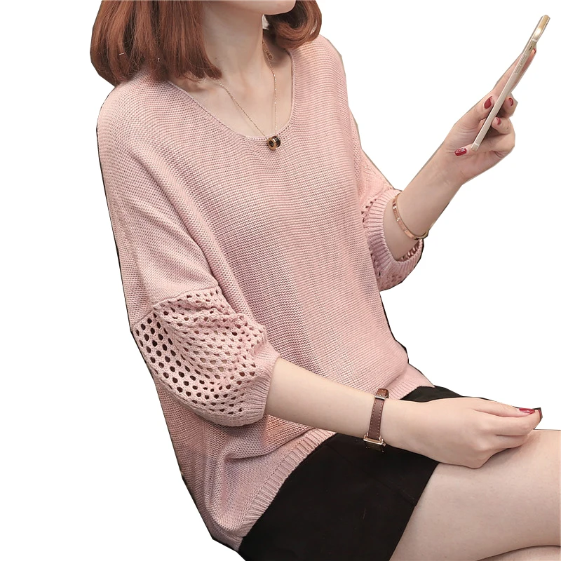 spring and summer new sweater Round neck five-point sleeve Leisure femal hollow thin shirt loose lantern ZX066 | Женская одежда